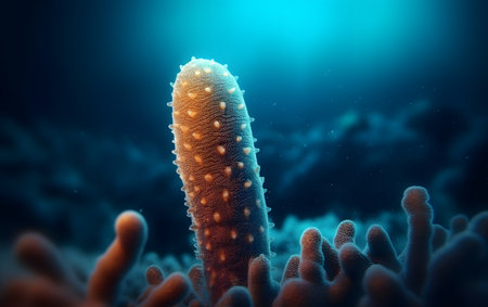 Sea cucumber on a coral reef. 3d render illustration.の素材