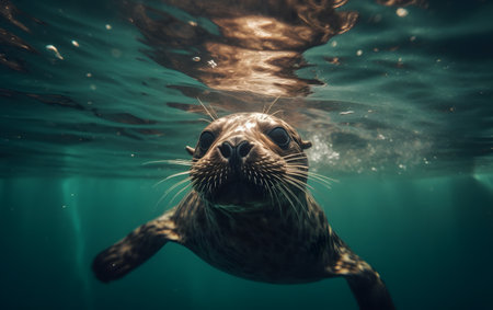 Cute seal swimming underwater in the ocean. Sea lion portrait.の素材