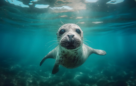 Cute seal swimming underwater in blue ocean. Aquatic animal.の素材