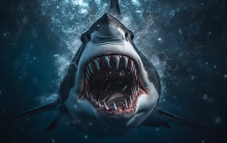 Great White Shark in deep blue water. 3D Rendering.の素材