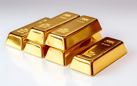 Gold bullion on a white background, closeup of photo.の素材