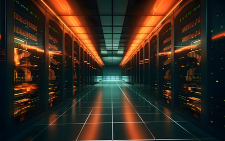 Server room data center corridor with bright lights. 3D Renderingの素材