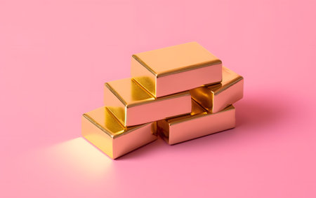 Stack of gold bars isolated on pink background. 3d illustration.の素材