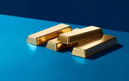 Gold bars on a blue background. 3d render, 3d illustration.の素材