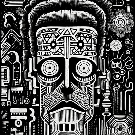 African tribal mask. Black and white vector illustration for t-shirt print.の素材