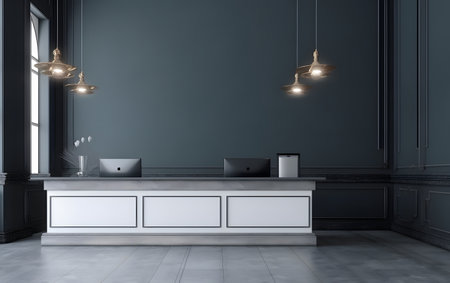 Interior of modern living room with gray walls, concrete floor, white reception desk and two lamps above it. 3d renderingの素材