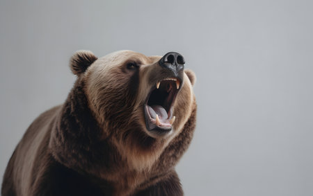 Portrait of a brown bear with open mouth on a gray backgroundの素材