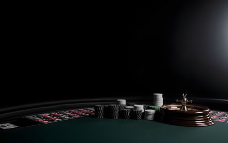 Casino roulette table with chips and cards, 3d renderの素材