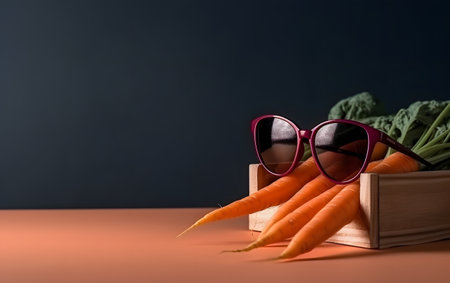 Fresh carrots with sunglasses on a dark background. Healthy food concept.の素材