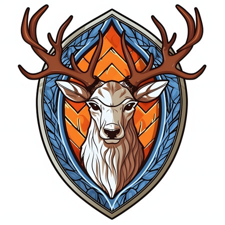 Deer head with antlers in the shield. Vector illustration.の素材