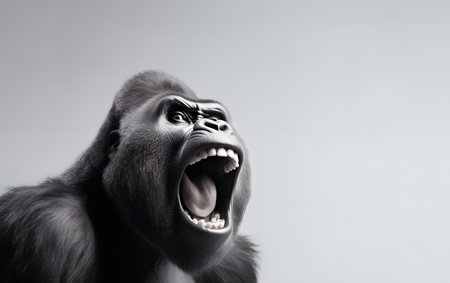 Angry gorilla screaming on a gray background. Monochrome.の素材