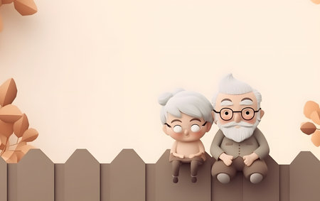 Elderly couple sitting on the fence, 3d rendering.の素材