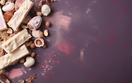 top view of assorted chocolate candies on purple background with copy spaceの素材