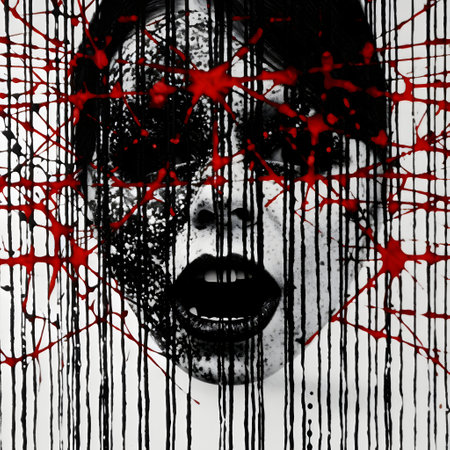 Black and white portrait of a woman with blood dripping on her faceの素材