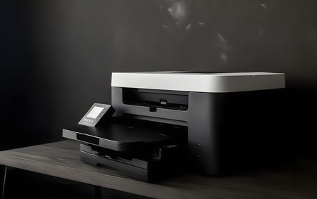 Modern black laser printer on wooden table in office. 3d renderingの素材