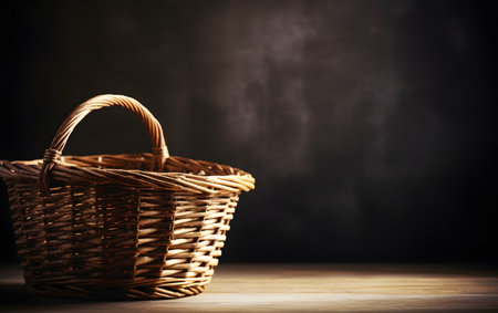Empty wicker basket on wooden table and dark background. Copy-space.の素材