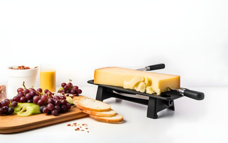Cheese plate with grapes, bread and nuts on a white backgroundの素材