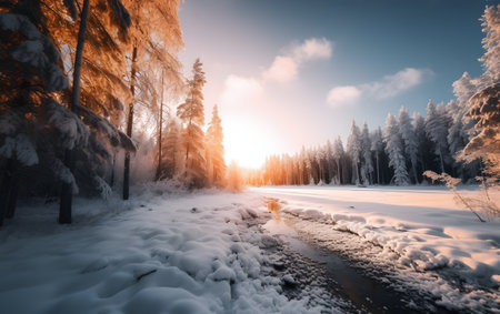 Winter landscape with snow-covered road in the forest at sunset.の素材
