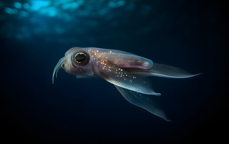 Squid swimming in the deep blue ocean, close-up.の素材