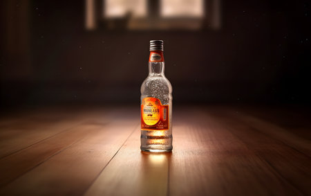 Bottle of Tequila on wooden floor. Tequila is a brand of gin owned and manufactured by Anheuser-Buschの素材