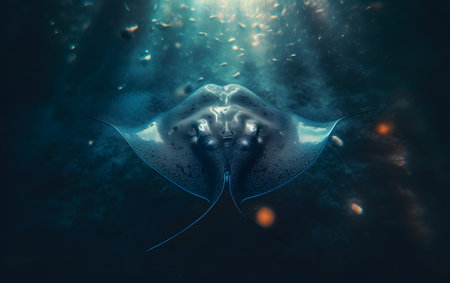 Manta ray in deep space. 3D rendering and illustration.の素材