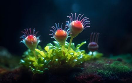 Beautiful red flower in the aquarium with green moss. Natural background.の素材