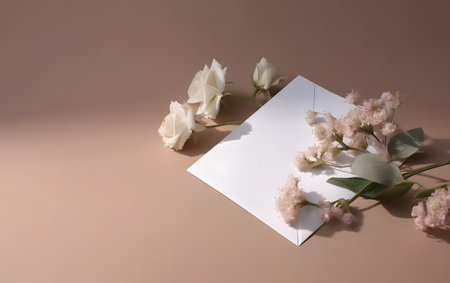 White roses and an envelope on a beige background. Flat lay, top view.の素材