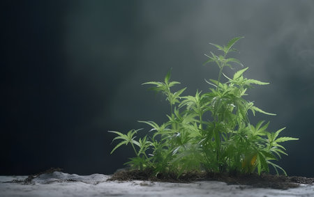 Cannabis plant on dark background with smoke and fog. Cannabis cultivation concept.の素材