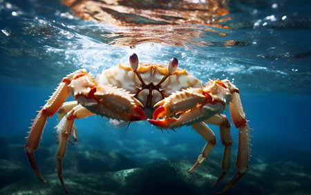 Crab swimming underwater in the blue sea, close-up viewの素材