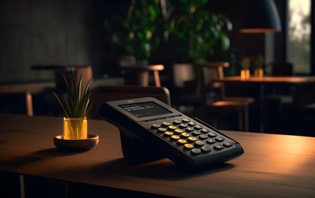 Black calculator on wooden desk in a coffee shop. Business concept.の素材