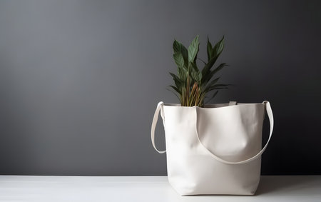 Eco bag with plant on white table against gray wall background.の素材