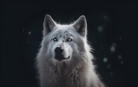 Portrait of a beautiful white wolf on a dark background in the studioの素材