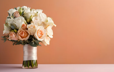 Wedding bouquet of white and pink roses on pink backgroundの素材