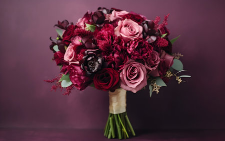 Bridal bouquet of red and pink roses on a purple backgroundの素材
