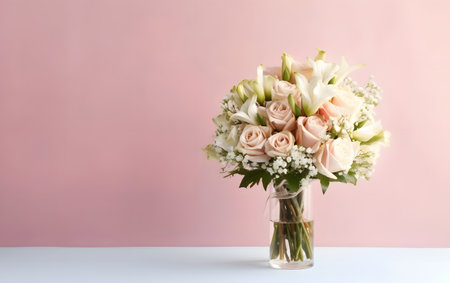 Bouquet of flowers in vase on table against pink backgroundの素材