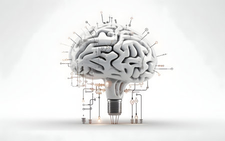 Brain and lightbulb on white background. 3D rendering.の素材