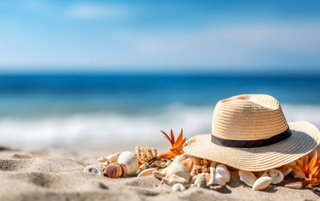 Straw hat and seashells on the beach. Vacation conceptの素材