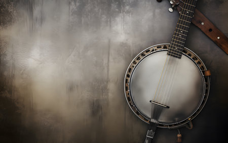 Banjo on a grunge background with copy space. Musical instrument.の素材