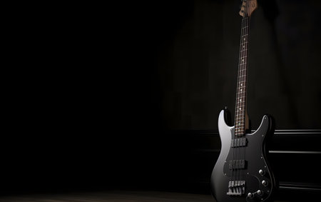 Black electric guitar on a black background with copy space. 3d renderingの素材