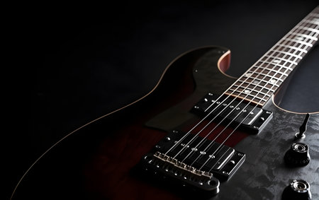 Black electric guitar on a black background. Close-up picture.の素材