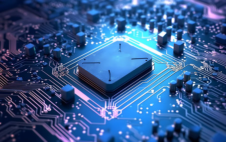 Circuit board close-up. Technology background. 3d renderingの素材