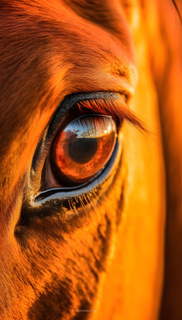 Eye of a brown horse close-up in the sunset light.の素材