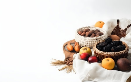 Fresh fruits and nuts in basket on white background with copy space.の素材