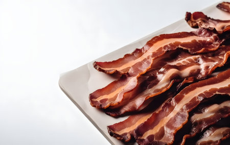 Slices of smoked bacon on a white plate on a white backgroundの素材