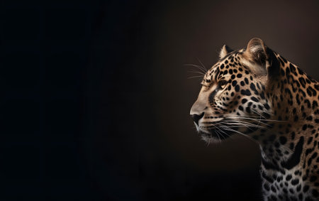 Leopard portrait on a dark background with copy space for your textの素材