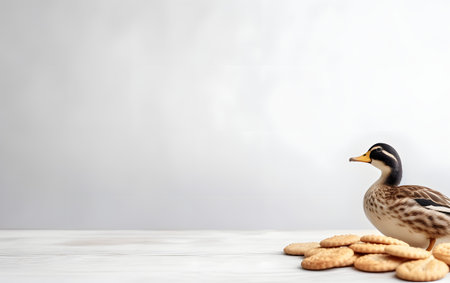 Duck and cookies on a light background. Minimalist-style.の素材