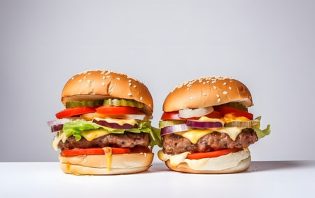 Close up of two burgers on white background with copy spaceの素材