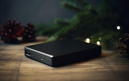 Smartphone charging on a wooden table next to a Christmas tree.の素材
