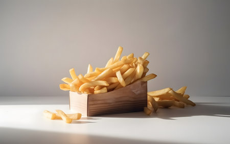 French fries in wooden box on white table with shadow on wall.の素材