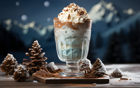 Hot chocolate with whipped cream in a glass on a wooden background.の素材